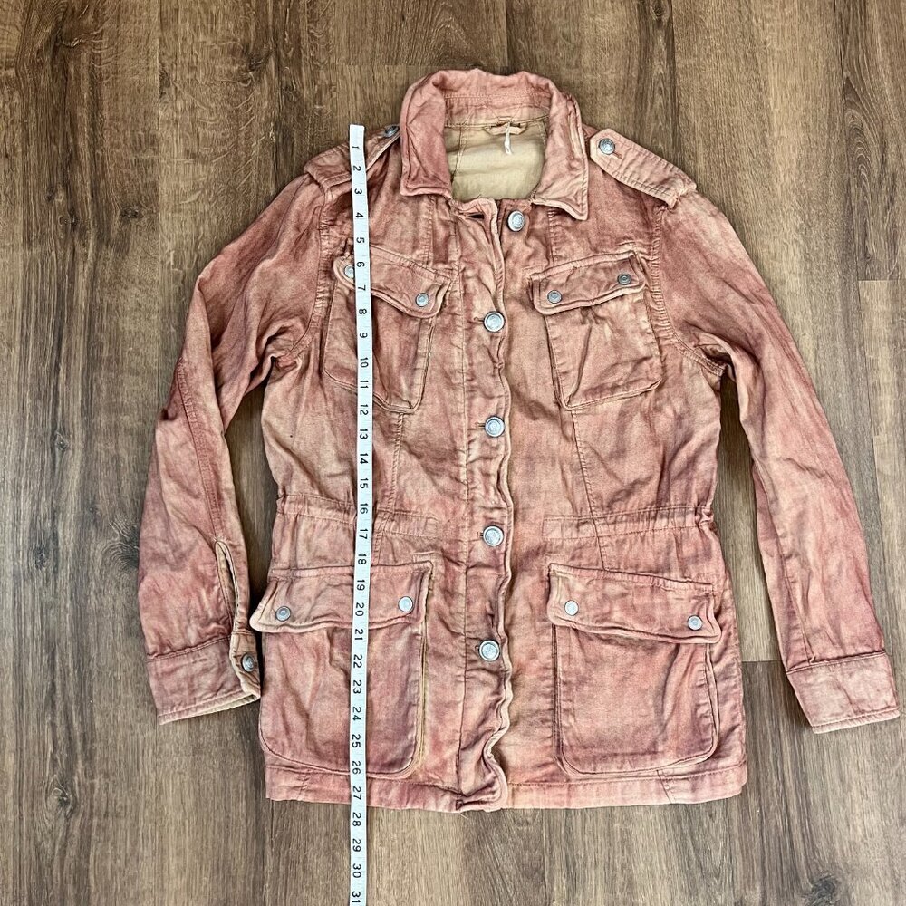 FREE PEOPLE Rose Pink Double Cloth Military Jacket Pockets Cinch Tie Waist Sz XS - Picture 6 of 15